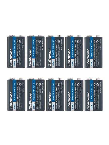 Батарейка GoPower Крона 6LR61 Shrink 1 Alkaline 9V (1/10/200)