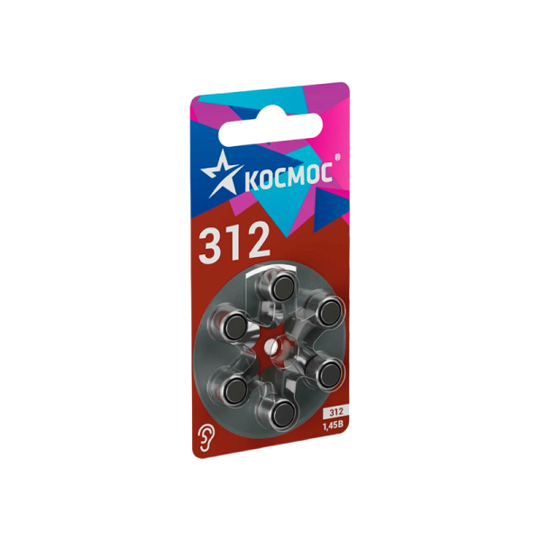 Батарейка Космос ZA312 BL6 Zinc Air 1.45V (6/60/3000)