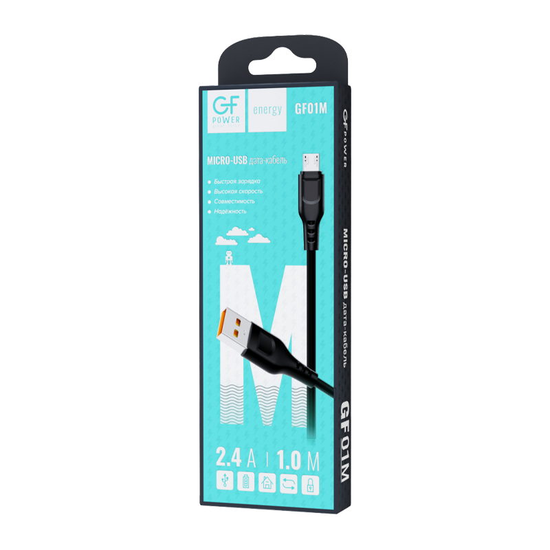 Кабель GFPower 01M USB (m)-microUSB (m) 1.0м 2.4A ПВХ черный (1/200/800)