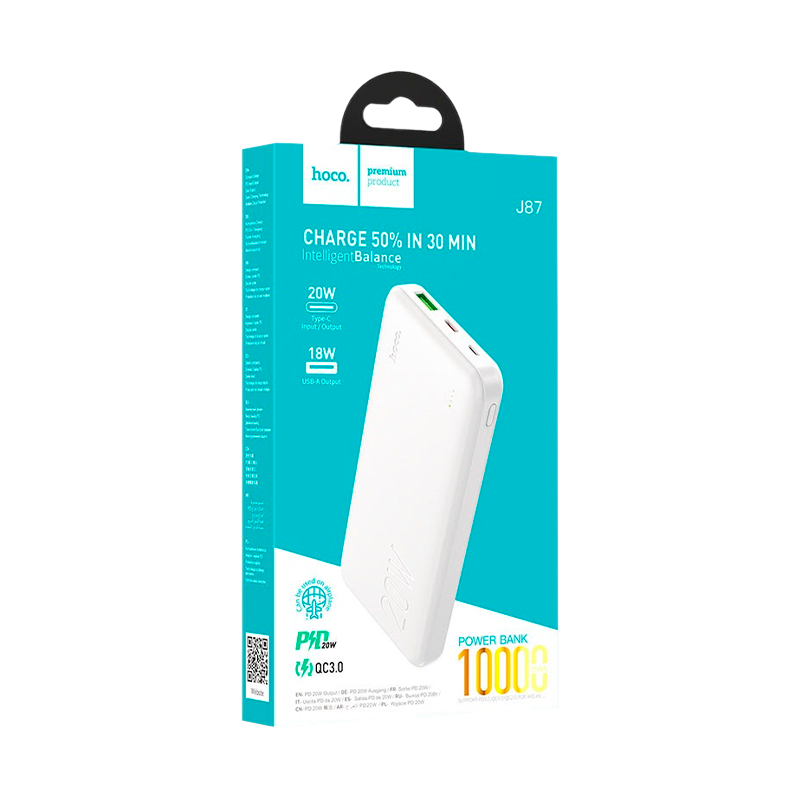 Внешний аккумулятор HOCO J87 10000mAh 20W 1USB/Type-C PD3.0 белый
