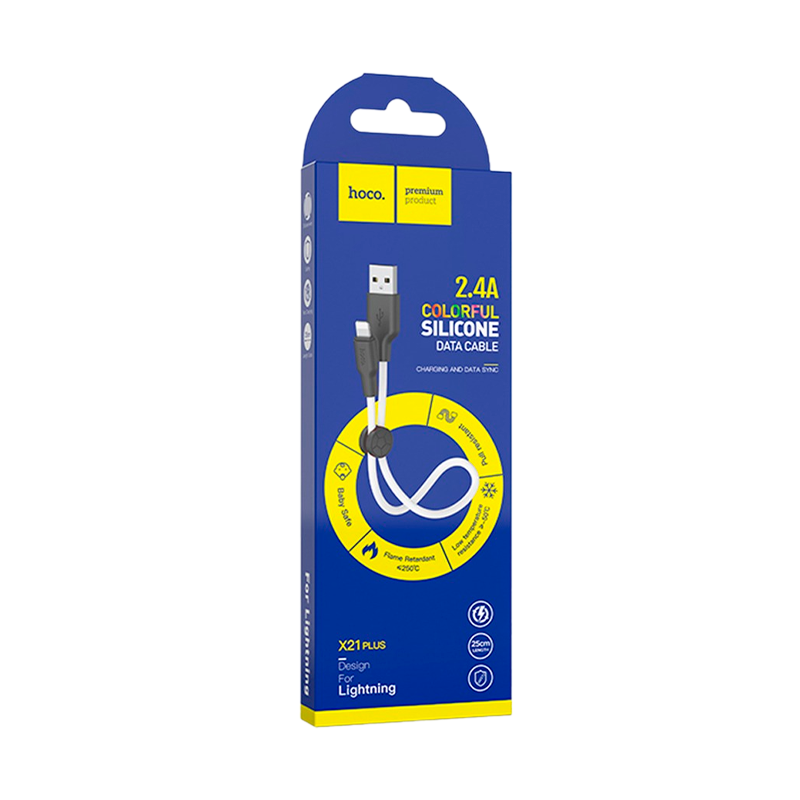 Кабель HOCO X21 Plus USB (m)-Lightning (m) 0.25м 2.4A силикон черный белый (1/30/300)