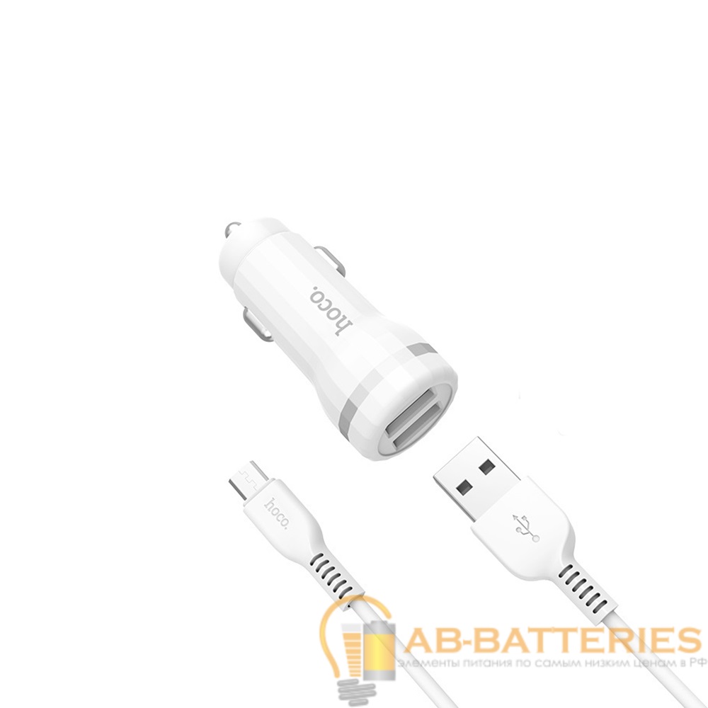 Автомобильное З/У HOCO Z27 2USB 2.4A с кабелем microUSB белый (1/10/100)