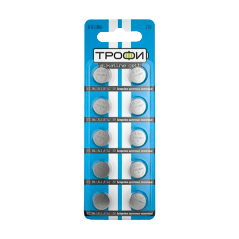 Батарейка Трофи G12/LR1142/LR43/386A/186 BL10 Alkaline 1.55V (10/200/1600)