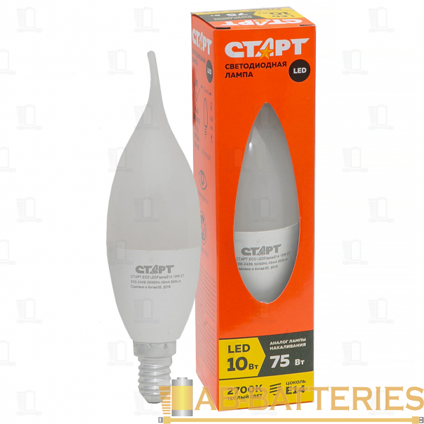 Лампа светодиодная Старт E14 10W 4000К 220-240V свеча на ветру Eco матовая (1/10/100)