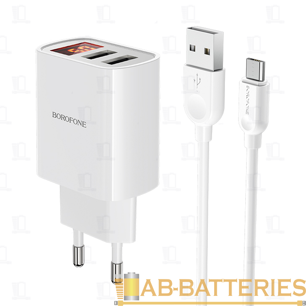 Сетевое З/У Borofone BA58A 2USB 2.4A с кабелем microUSB белый (1/35/140)