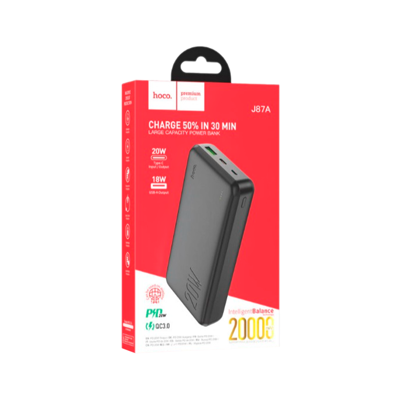 Внешний аккумулятор HOCO J87A 20000mAh 3.0A 20W 2USB/Type-C PD3.0 черный (1/36)