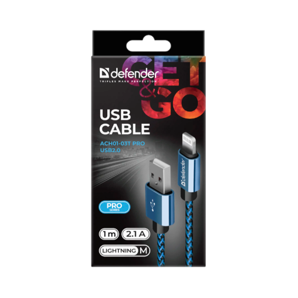 Кабель Defender ACH01-03T PRO USB2.0 (m)-Lightning (m) 1.0м 2.1A синий