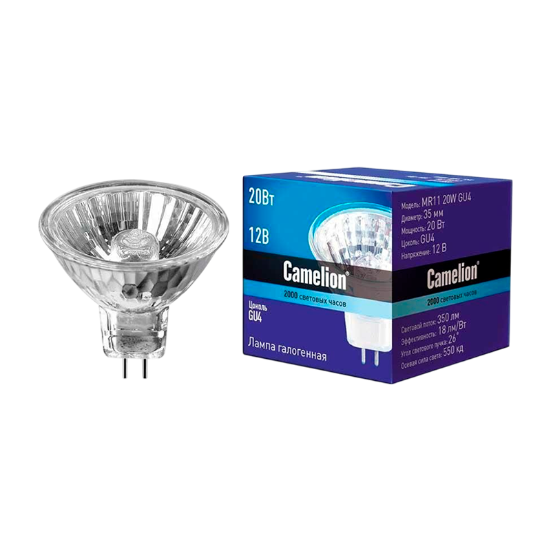 Лампа галогенная Camelion MR11 GU4 20W 2800К 12V софит 35мм прозрачная (1/10/200)