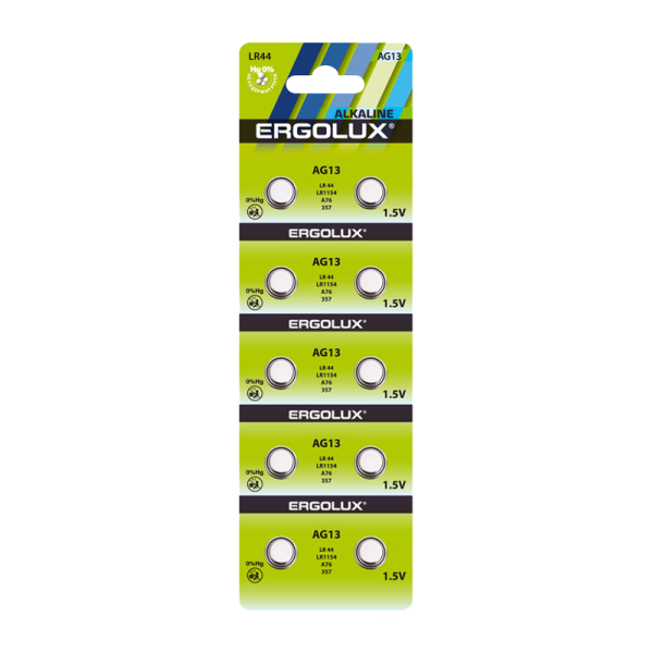 Батарейка Ergolux G13/LR1154/LR44/357A/A76 BL10 Alkaline 1.5V (10/100/2000)
