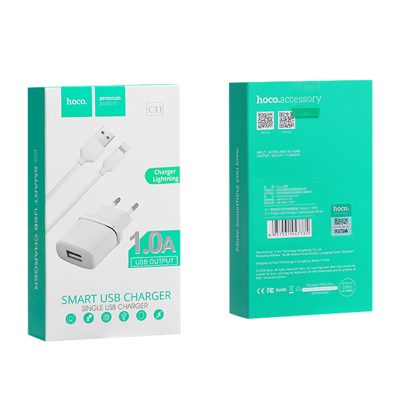 Сетевое З/У HOCO C11 1USB 1.0A с кабелем Lightning белый (1/10/100)