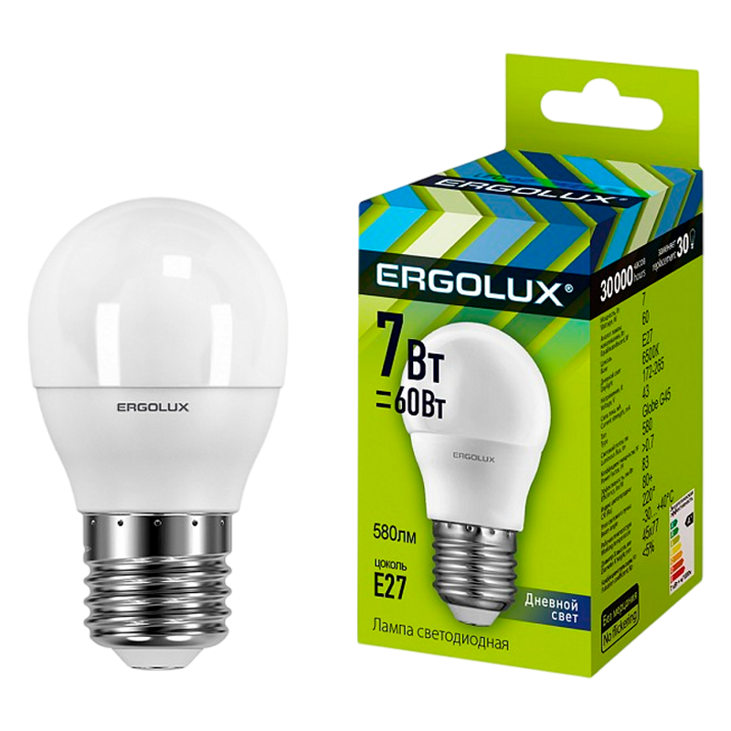 Лампа светодиодная Ergolux G45 E27 7W 6500К 172-265V шар (1/10/100)