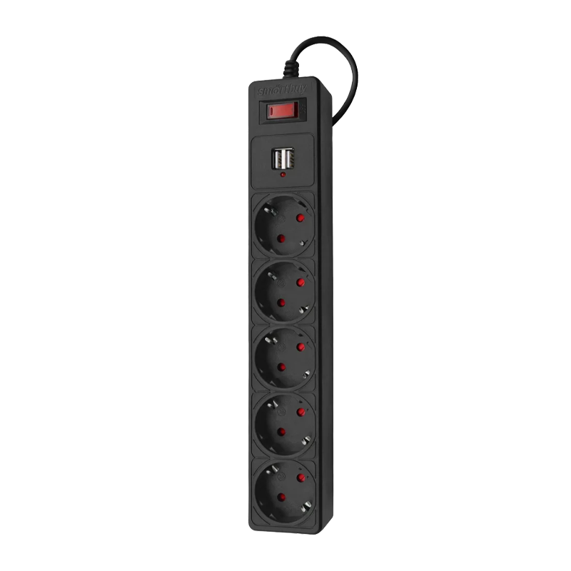Сетевой фильтр Smartbuy 5р.С/З 10A USB со шторкой 1.8м ПВС черный (1/45)