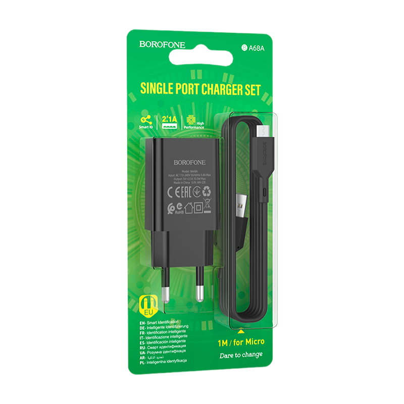 Сетевое З/У Borofone BA68A 1USB microUSB (m) 2.1A черный (1/60/240)