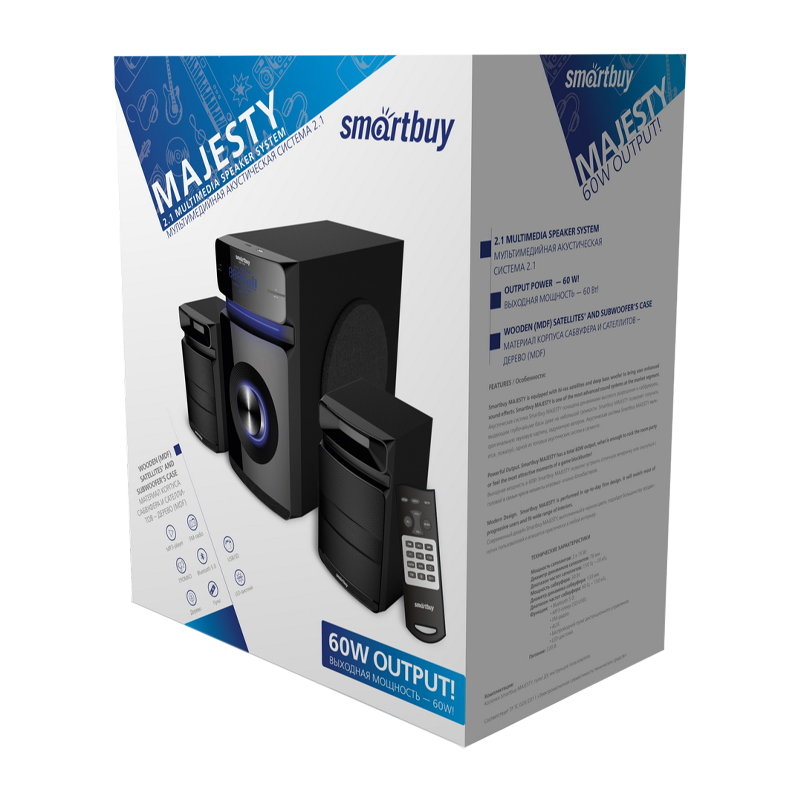 Колонки 2.1 Smartbuy MAJESTY 60W bluetooth 5.0 FM/SD Jack 3.5mm черный