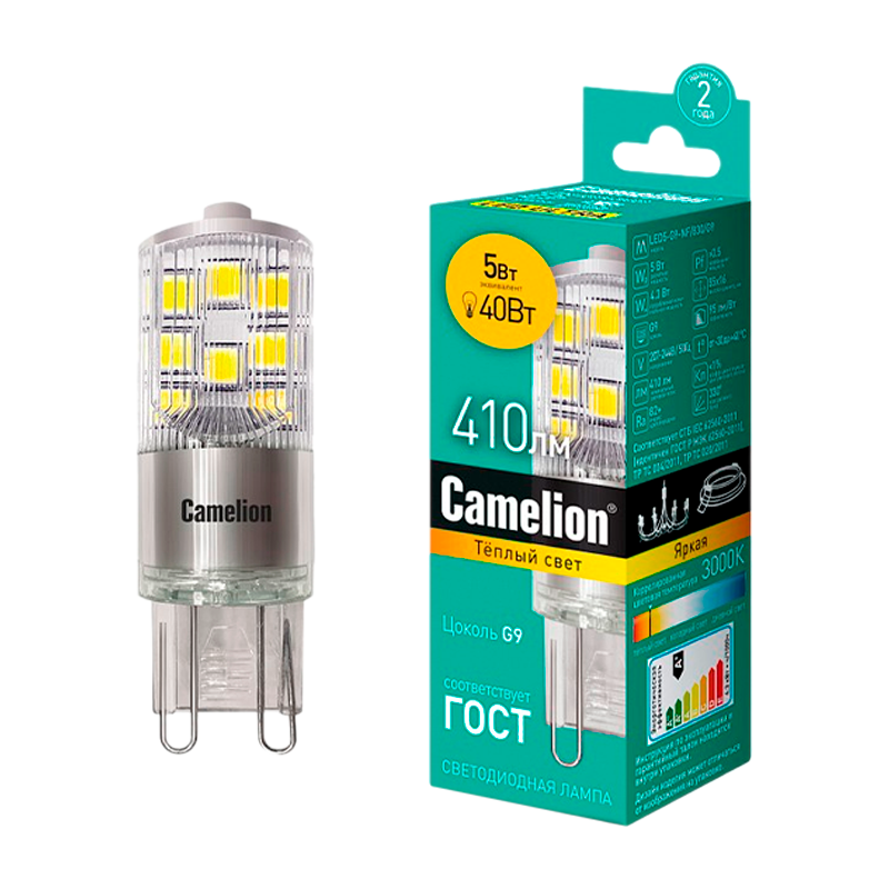 Лампа светодиодная Camelion G9 5W 3000К 170-265V прозрачная (1/10/500)