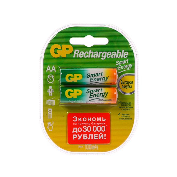 Аккумулятор бытовой GP HR6 AA BL2 NI-MH Smart Energy 1000mAh в пластиковой упаковке (2/20/200) R