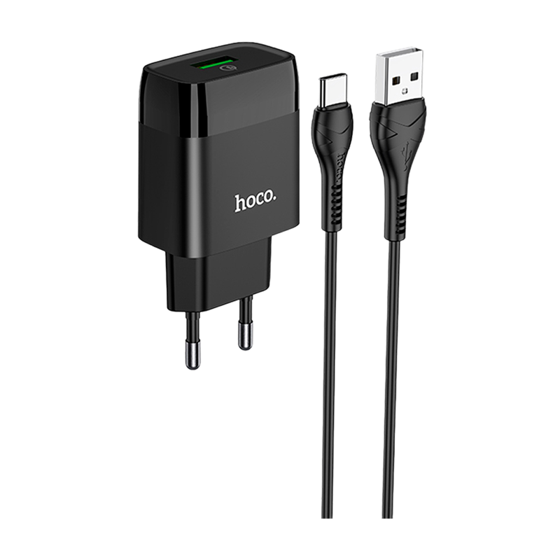 Сетевое З/У HOCO C72Q 1USB 2.4A 18W QC3.0 с кабелем Type-C черный (1/30/180)