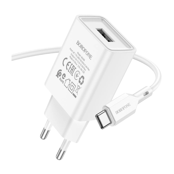 Сетевое З/У Borofone BA68A 1USB Type-C (m) 2.1A белый (1/60/240)