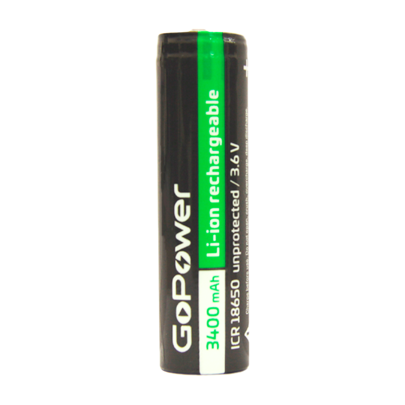 Аккумулятор Li-ion GoPower NCR18650 (Pan. NCR18650B) PC1 3.6V 3400mAh без защиты плос.конт. (1/96/19