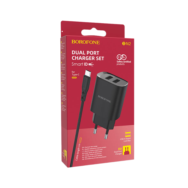 Сетевое З/У Borofone BN2 2USB 2.1A с кабелем Lightning черный (1/35/140)