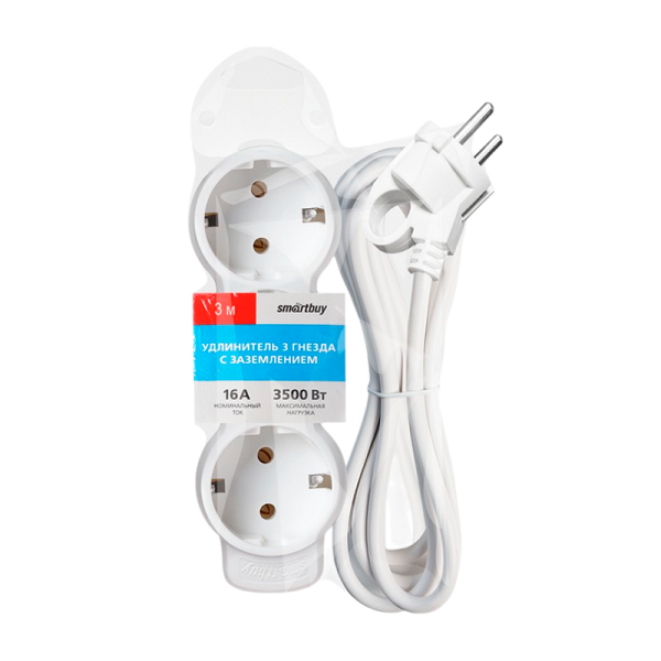 Удлинитель Smartbuy NEW 3р.С/З 16A 3.0м ПВС 3x1мм² белый (1/40)