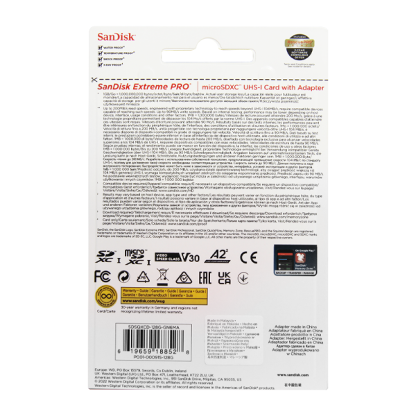 Карта памяти microSD SanDisk Extreme Pro 128GB Class10 A2 UHS-I (U3) 200 МБ/сек CN (Китай) с адаптер