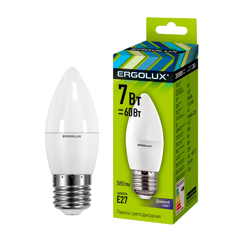 Лампа светодиодная Ergolux C35 E27 7W 6500К 172-265V свеча (1/10/100)