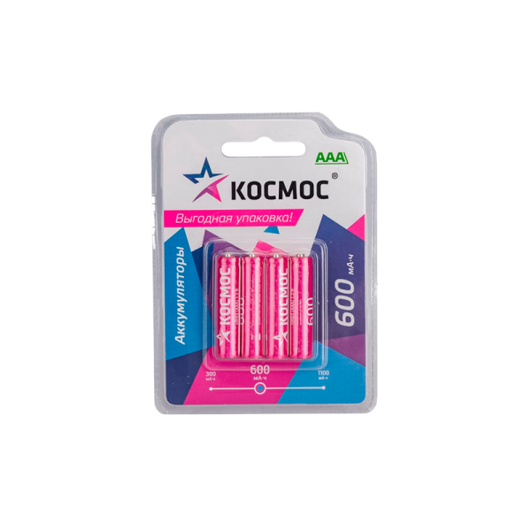 Аккумулятор бытовой Космос HR03 AAA BL4 NI-MH 600mAh (4/48/576)