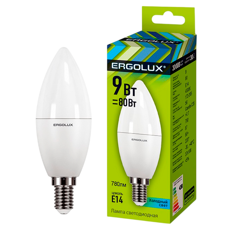 Лампа светодиодная Ergolux C35 E14 9W 4500К 172-265V свеча (1/10/100)