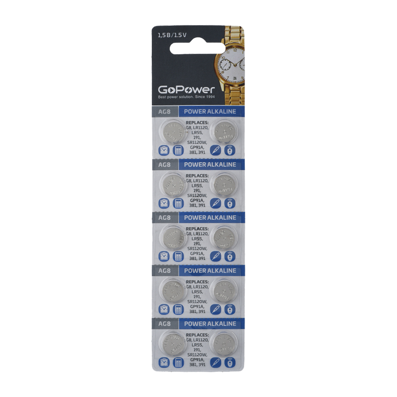 Батарейка GoPower G8/LR1120/LR55/391A/191 BL10 Alkaline 1.55V (10/1000/3600)