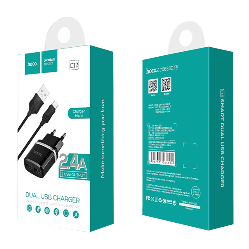 Сетевое З/У HOCO C12 2USB 2.4A с кабелем microUSB черный (1/10/100)