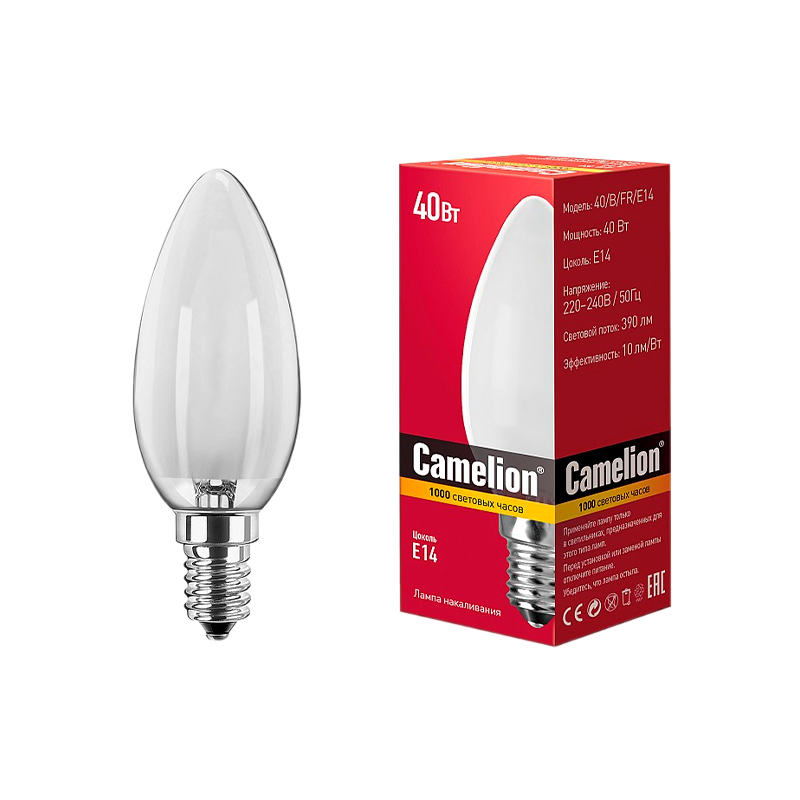 Лампа накаливания Camelion E14 40W 220V свеча матовая (1/100)