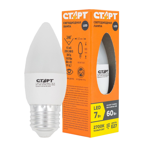 Лампа светодиодная Старт B35 E27 7W 2700К 220V свеча Eco матовая (1/10/100)