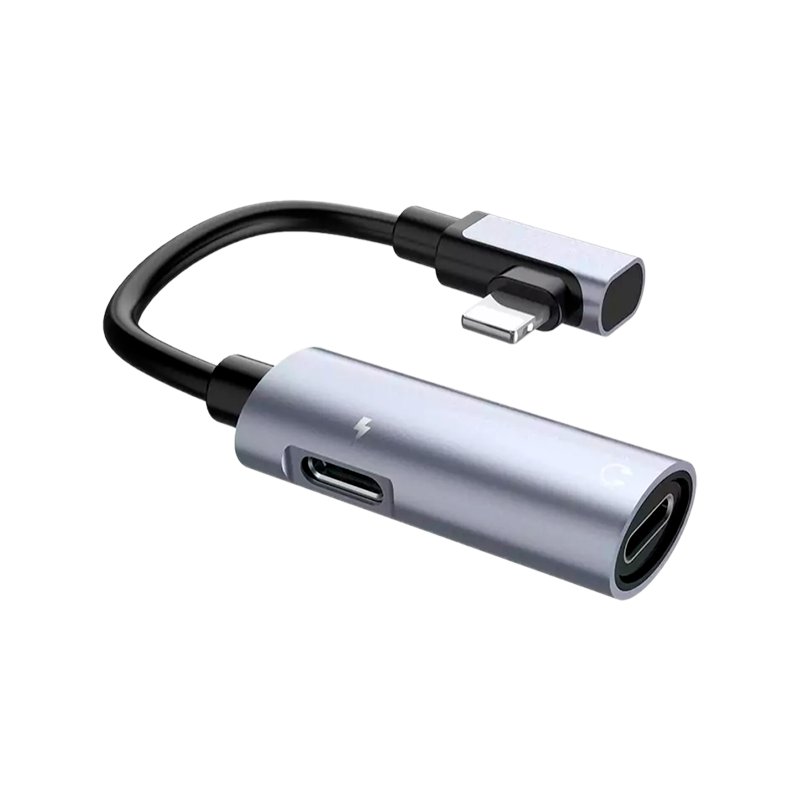Переходник AUX HOCO LS18 Jack 3.5mm (f)-Lightning (m)/Lightning (f) силикон угловой серый (1/20/160)