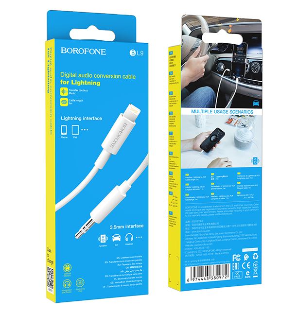 Переходник AUX Borofone BL9 Jack 3.5mm (m)-Lightning (m) 1.0м TPE белый (1/360)