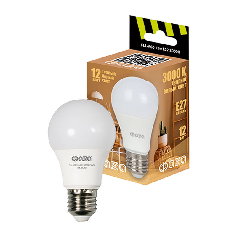 *Лампа светодиодная Фаzа A60 E27 12W 3000К 220-240V груша (1/10/100) 