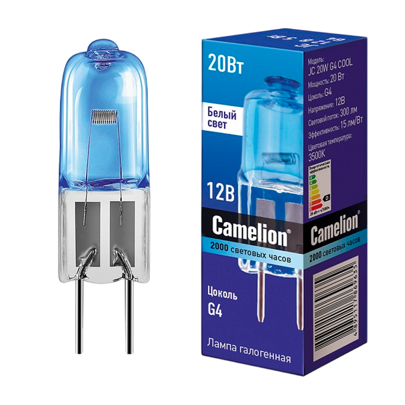 Лампа галогенная Camelion JC G4 20W 3500К 12V капсула прозрачная (1/5/100)