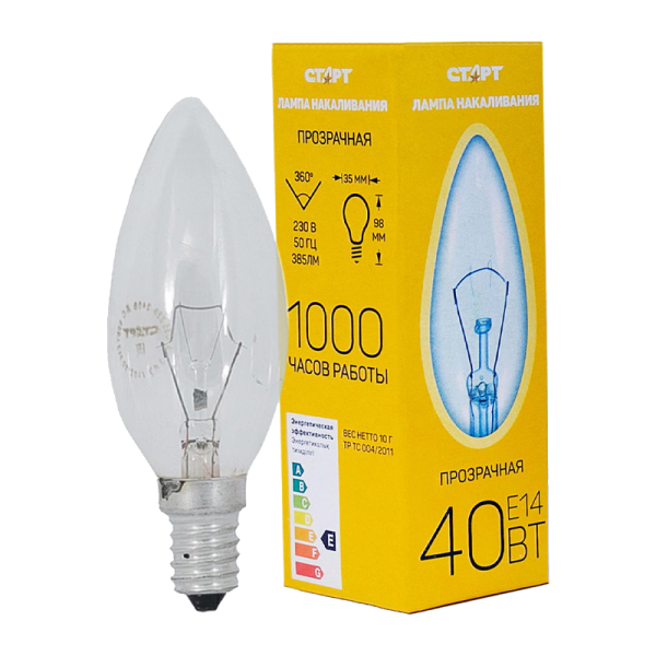 Лампа накаливания Старт E14 40W 230V свеча ДС прозрачная (1/10/100)