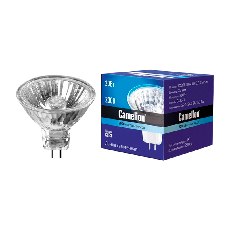 Лампа галогенная Camelion MR16 GU5.3 20W 2800К 220-240V софит 35мм прозрачная (1/10/200)