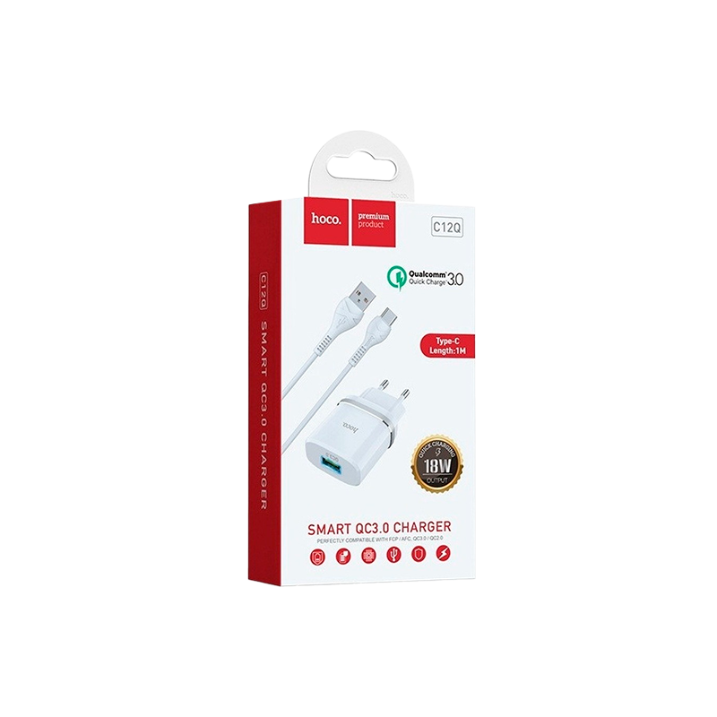Сетевое З/У HOCO C12Q 1USB 3.0A QC3.0 с кабелем Type-C белый (1/10/100)