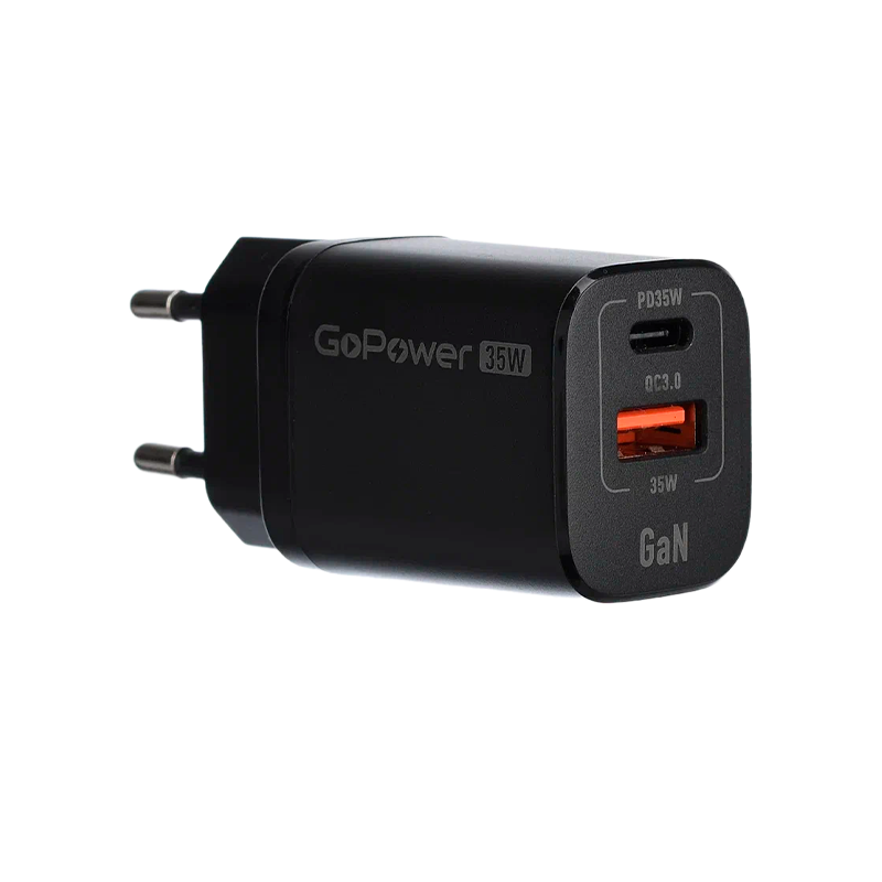 *Сетевое З/У GoPower GPQC09 1USB+1Type-C 35W QC3.0 GAN черный