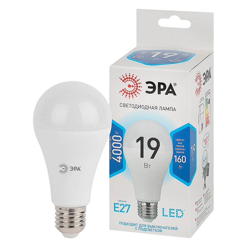 Лампа светодиодная ЭРА A65 E27 19W 4000К 170-265V груша (1/10/100)