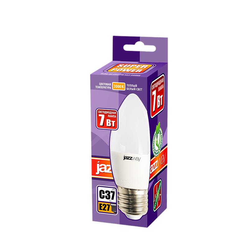 Лампа светодиодная JAZZway C37 E27 7W 3000К 230V свеча матовая (1/10/100)