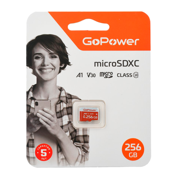 Карта памяти microSD GoPower 256GB Class10 UHS-I (U3) 100 МБ/сек V30 без адаптера