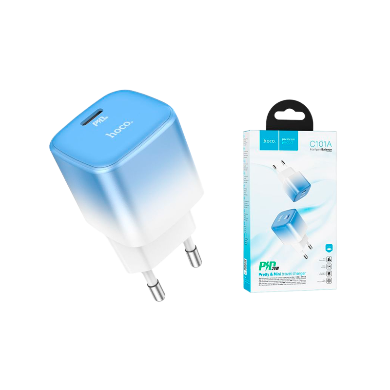 Сетевое З/У HOCO C101A Type-C 20W с кабелем Type-C-Lightning голубой (1/11/110)