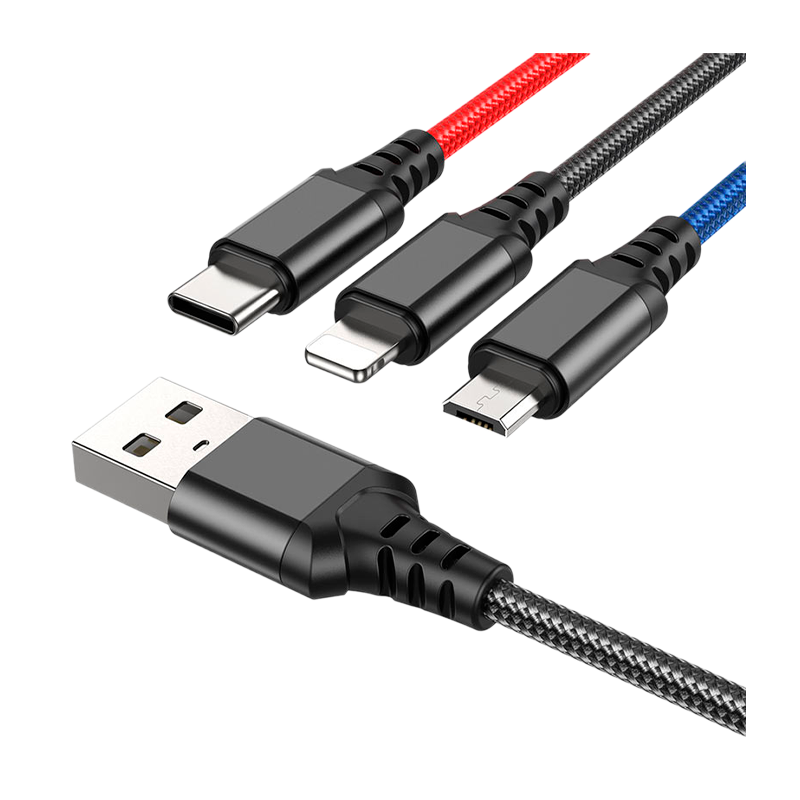 Кабель HOCO X76 USB (m)-2хType-C/Lightning/microUSB (m) 1.0м 2.0A нейлон ассорти (1/31/310)