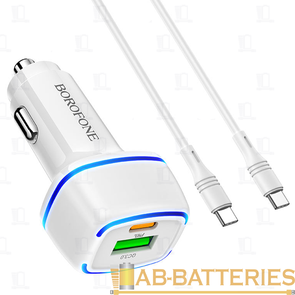 Автомобильное З/У Borofone BZ14A 1USB/Type-C 3.0A 20W QC3.0 с кабелем Type-C-Type-C белый (1/42/168)