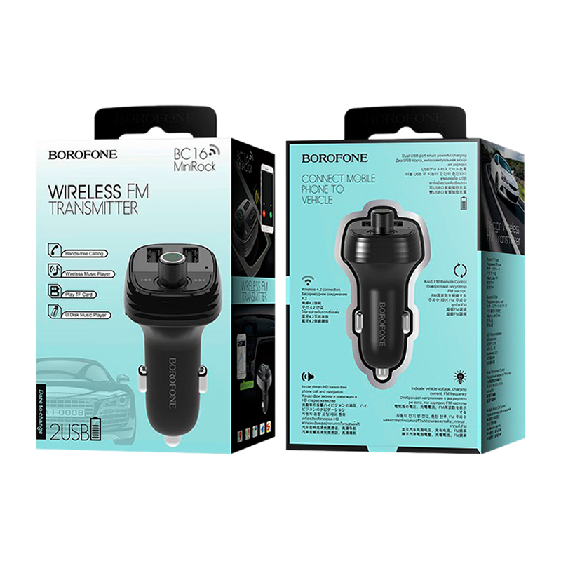 FM-трансмиттер Borofone BC16 2USB microSD bluetooth 4.2 черный (1/84)