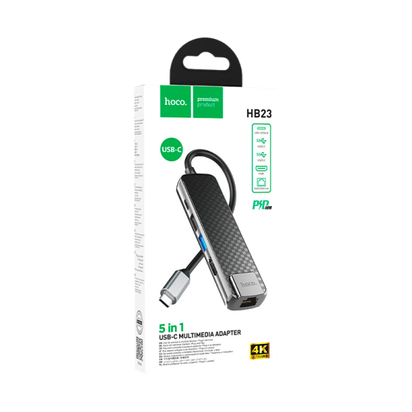 USB-Хаб HOCO HB23 2USB/Type-C/HDMI/RJ45 Type-C (m) USB3.0 серый (1/18/180)