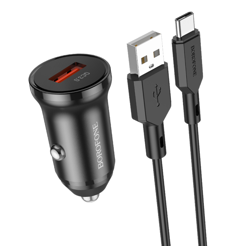 Автомобильное З/У Borofone BZ18 1USB 2.1A 18W QC3.0 с кабелем Type-C черный (1/48/192)